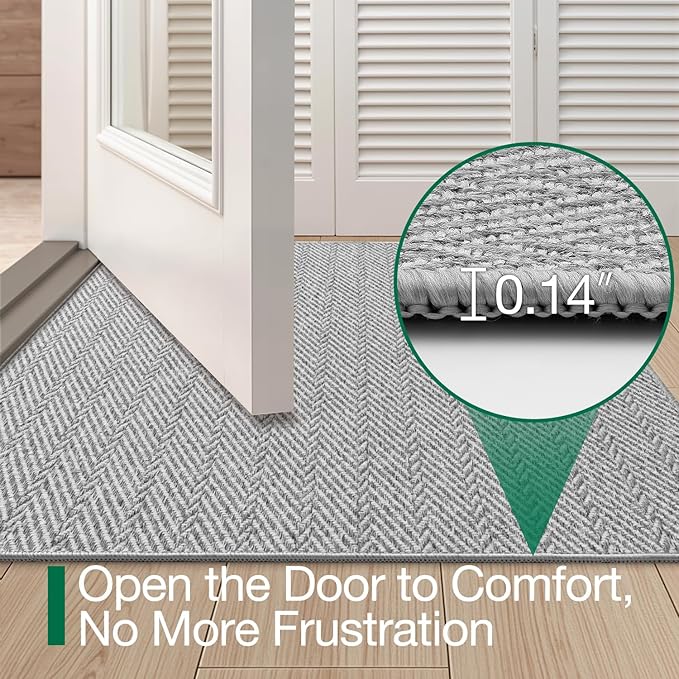 LUMI Ultra Thin Indoor Door Mat for Entrance 36"x56", Non Slip Entryway Mat, Low Profile Doormat, Unique Herringbone Design Carpet for Inside, Patio, Porch, Gray