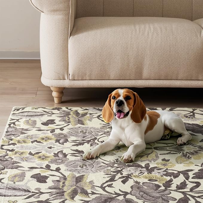 EVERGRACE Area Rugs for Living Room 6x9, Boho Floral Faux Wool Indoor Outdoor Rugs, Washable Rugs for Bedroom Dining Room Entryway Kitchen, Low Pile Floor Mat Carpet for Home Decor, Gray