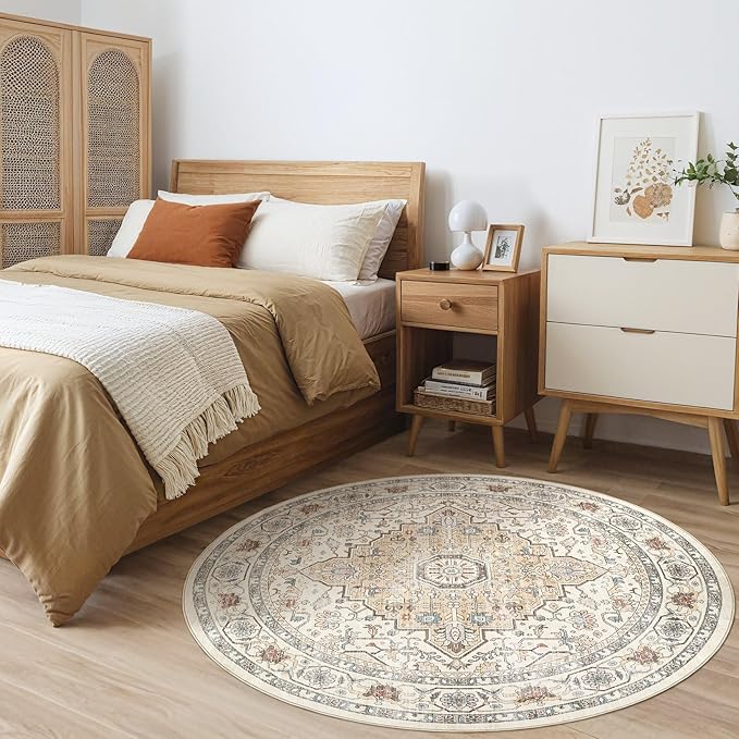 Round Rug Living Room Rugs: 10x10 Washable Boho Neutral Large Circle Soft Indoor Floral Stain Resistant Floor Farmhouse Carpet for Bedroom Nursery Kids Playroom Office Dining Room- Cream Blue