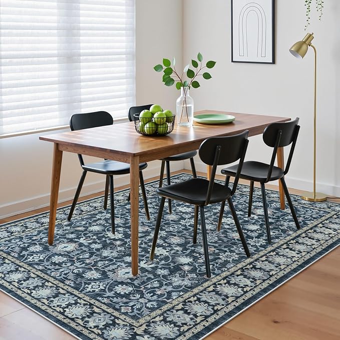 LIVEBOX Washable Area Rug 8x10 - Large Blue Boho Living Room Rug Vintage Rugs for Bedroom, Non-Slip Retro Floral Carpet Print Distressed Accent Rugs for Dining Room Home Office