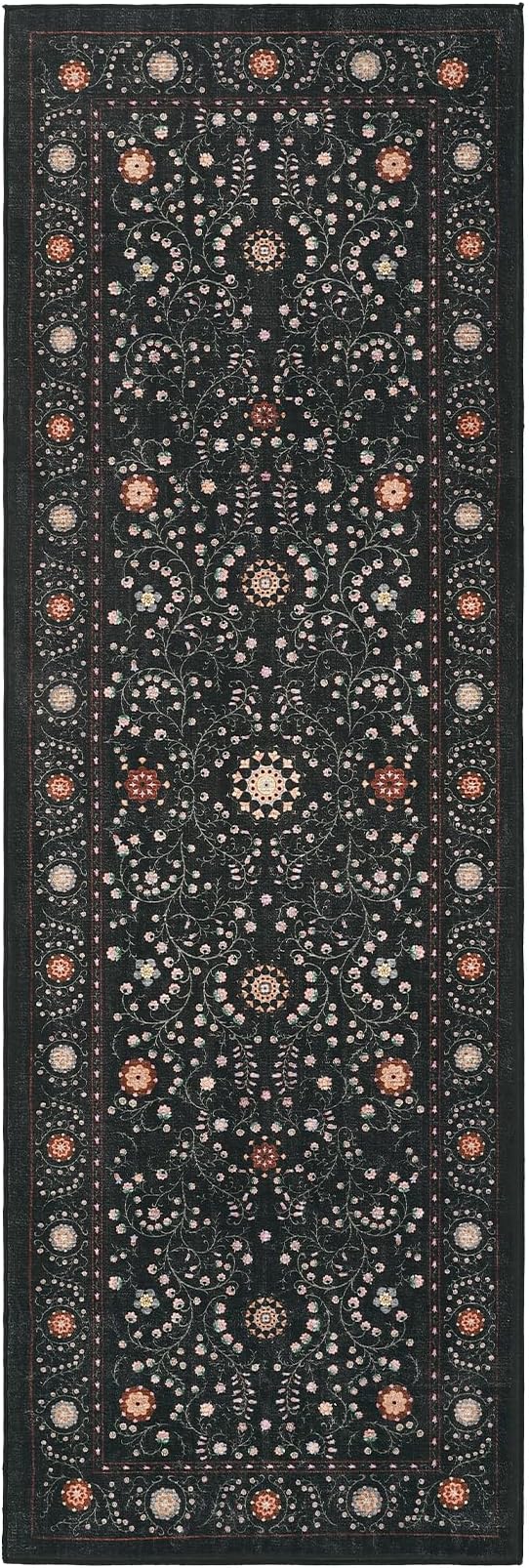 GarveeHome Boho 2x6 Runner Rug for Hallways Non Slip, Vintage Botanical Kitchen Rugs Washable Area Rug for Entryway Stain Resistant, Low Pile Soft Runner Black Carpet for Bedroom Floor Laundry Room
