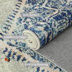 Easy-Going Area Rug 6x9 Washable Boho Rugs for Living Room Non-Slip Bedroom Rug Low Pile Lightweight Medallion Distressed Throw Rug for Dining Room Kitchen Home Office Carpet, Vintage Blue Cream