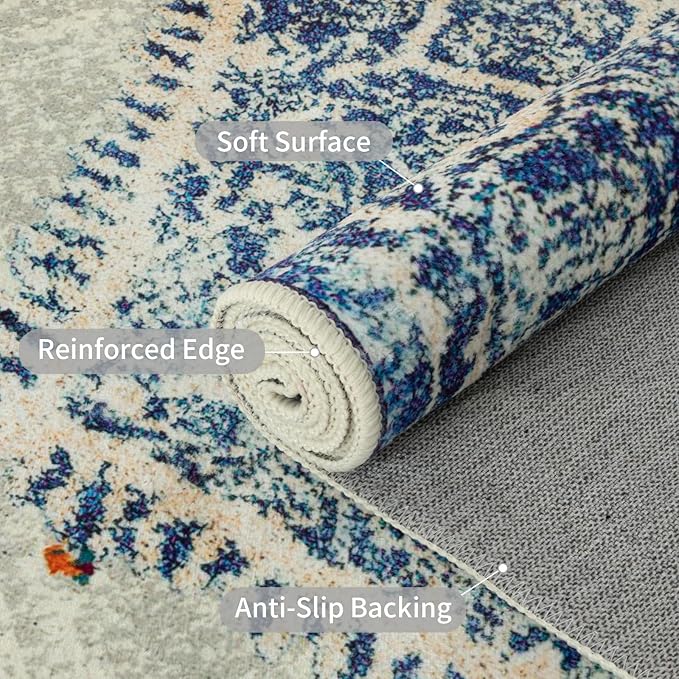 Easy-Going Area Rug 4x6 Washable Boho Rugs for Living Room Non-Slip Bedroom Rug Low Pile Lightweight Medallion Distressed Throw Rug for Dining Room Kitchen Home Office Carpet, Vintage Blue Cream