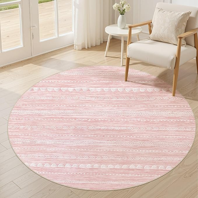 Nakagishi Round Rug Kitchen Washable Rugs: 4x4 Non-Slip Boho Soft Modern Stain Resistant Indoor Floor Neutral Farmhouse Throw Carpet for Hallway Bathroom Laundry Room Entryway Bedroom- Pink