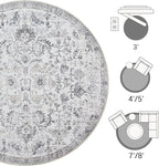 jinchan Kalen Round Rug 8ft Area Rug Washable Vintage Indoor Retro Floor Cover Distressed Gray Floral 8' Round Circle Boho Non Slip Thin Carpet for Living Room Dining Room Bedroom Kitchen Grey