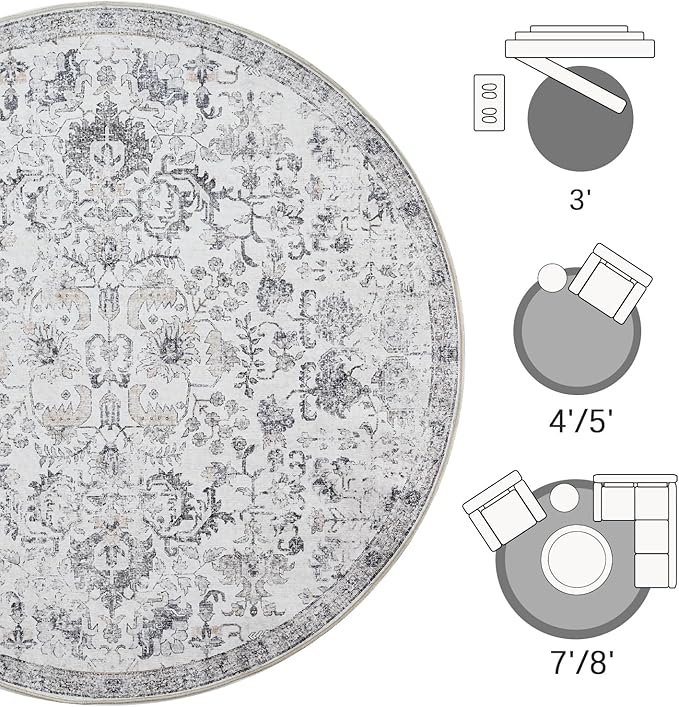 jinchan Kalen Round Rug 8ft Area Rug Washable Vintage Indoor Retro Floor Cover Distressed Gray Floral 8' Round Circle Boho Non Slip Thin Carpet for Living Room Dining Room Bedroom Kitchen Grey