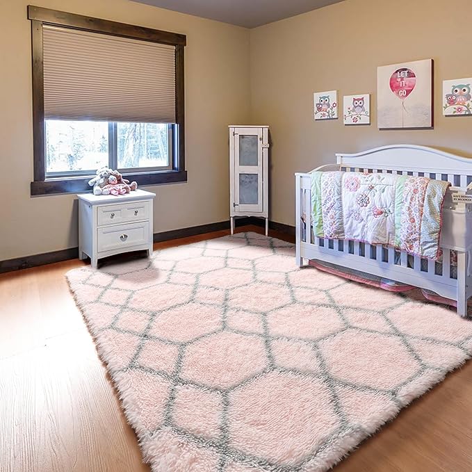 ONASAR 6x9 Area Rugs for Living Room Bedroom, Washable Large Fluffy Pink and Grey Throw Rug, Geometric Soft Plush Shaggy Fuzzy Floor Carpet for Nursery Kids Girls Boys Teen Dorm Home Office Decor