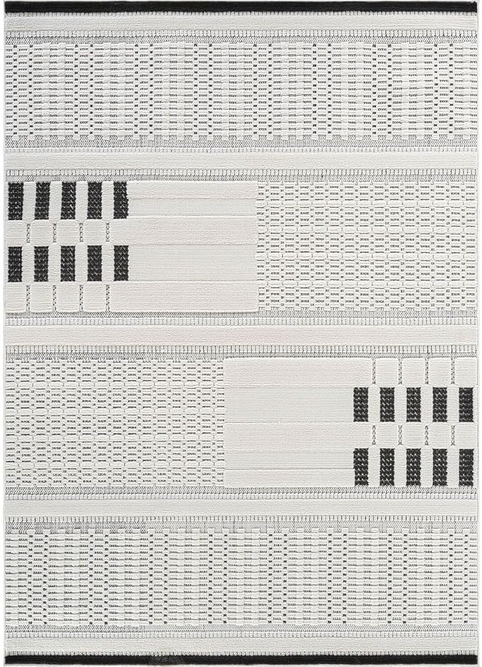 CAMILSON Modern Rug 10x14 Luxury Geometric Pattern Large Micro Loop Area Rugs Soft High and Low Pile Stain Resistant Easy to Clean Non-Shedding Durable Living Room Bedroom Indoor Carpet (White/Black)