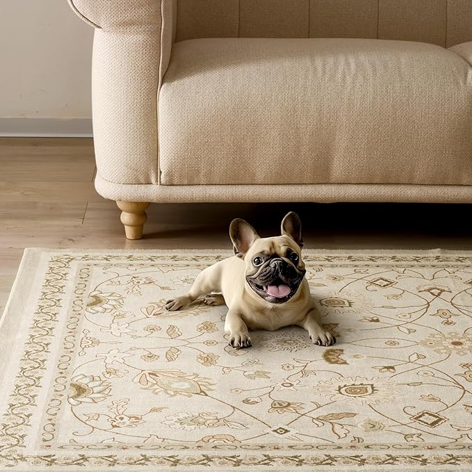 EVERGRACE Area Rugs for Living Room 5x7, Boho Floral Faux Wool Indoor Outdoor Rugs, Washable Rugs for Bedroom Dining Room Entryway Kitchen, Low Pile Floor Mat Carpet for Home Decor, Natural Beige