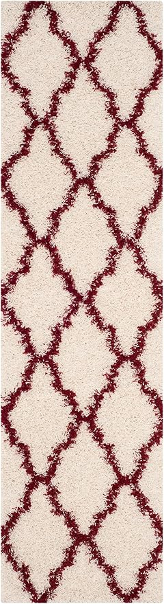 SAFAVIEH Dallas Shag Collection Runner Rug - 2'3" x 12', Ivory & Red, Trellis Design, Non-Shedding & Easy Care, 1.5-inch Thick Ideal for High Traffic Areas in Living Room, Bedroom (SGD257R)