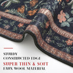 Boho Entryway Rug 2x3 Washable, Black Navy Floral Kitchen Rug, Super Thin Faux Wool Small Area Rug, Non-Slip Soft Carpet for Foyer, Bedroom, Office
