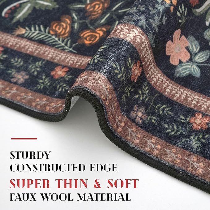 Boho Entryway Rug 2x3 Washable, Black Navy Floral Kitchen Rug, Super Thin Faux Wool Small Area Rug, Non-Slip Soft Carpet for Foyer, Bedroom, Office
