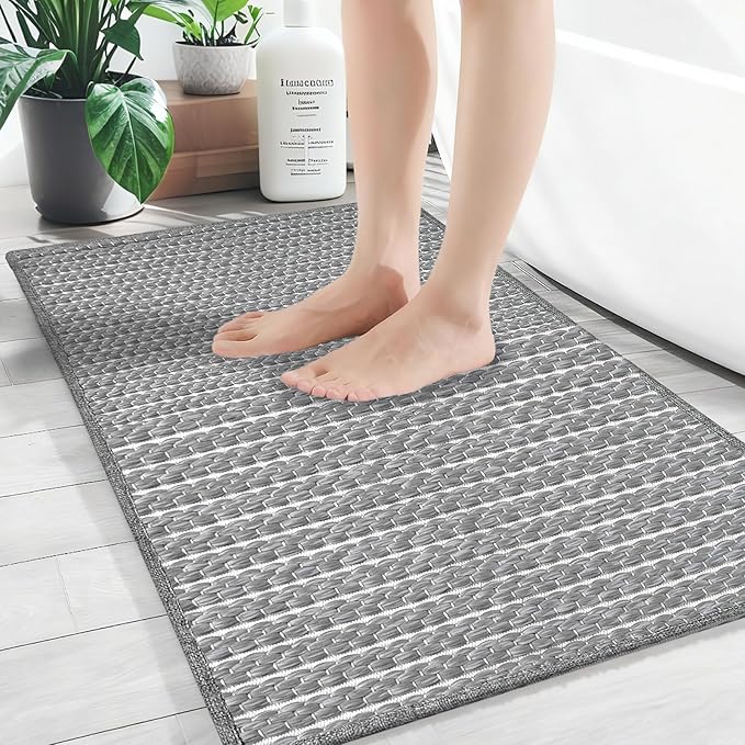 Grey Bathroom Rugs,24"x36"Non Slip Braided Vintage Bath Mat for Bathroom Floor Washable Boho Luxury Bath Rug for Tub Soft Absorbent Shower Sink Mat
