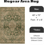 HUGEAR 4x6 Entryway Area Rug Retro Green Small Rug Machine Washable Door Mat Vintage Floral Low Pile Carpet Distressed Throw Rug Entrance Kitchen Bedroom Bathroom Office Non Slip Soft Lightweight