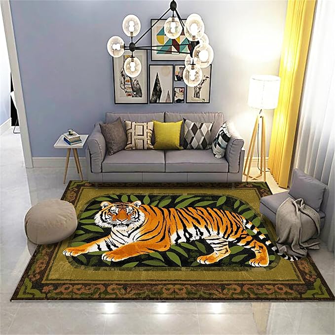 Tiger Area Rug,3x5ft, Tiger Print Rug,Tiger Themed Stylish Rug, Bohemian Vintage Tiger Print Rug, Non-Slip Washable Rug for Living Room Bedroom Dining Room Kids Room Decoration