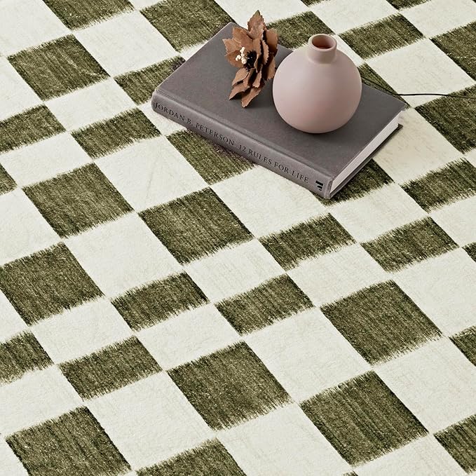 EVERGRACE Checkered Plaid Area Rug 2x10, Soft Fuzzy Faux Wool Rugs Washable Anti Slip Rugs Long Runner Carpet for Entryway Bedroom Living Room Hallway Kitchen Dining Room and Laundry, Olive Green