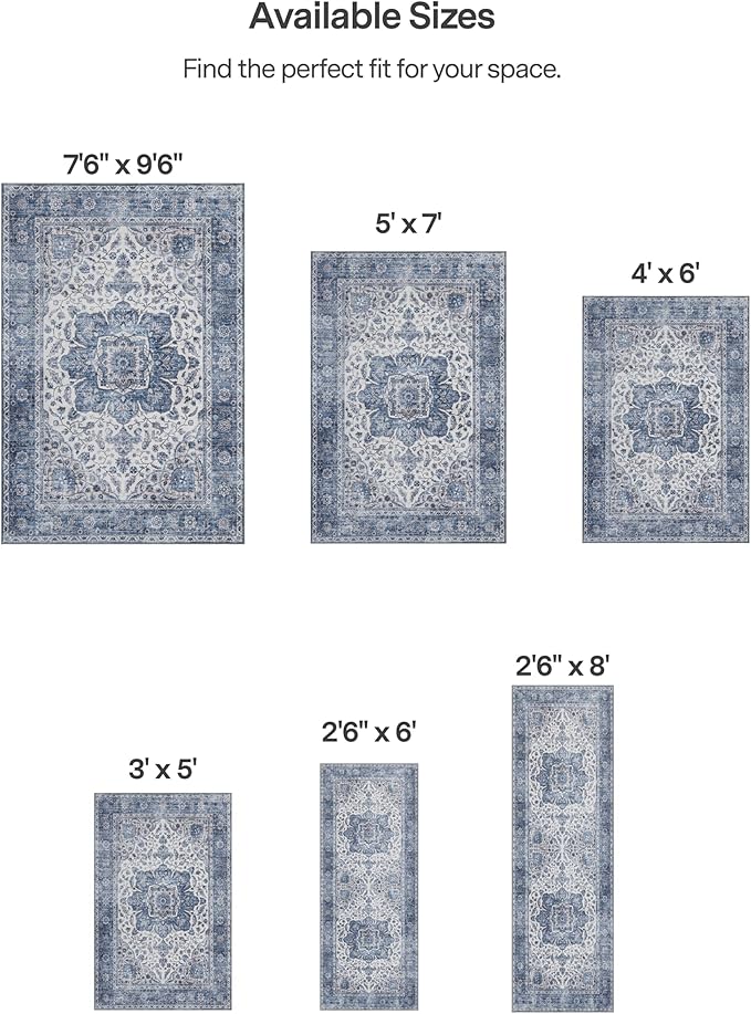 ReaLife Rugs Machine Washable Area Rug Runner - Living Room Bedroom Bathroom Kitchen Entryway Office - Padded Low Pile Stain Resistant Premium - Boho Farmhouse Vintage - Joy - Blue Ivory 2'6" x 8'