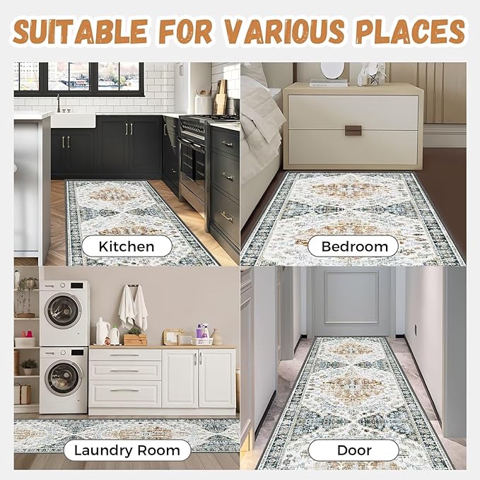Boho Mandala Pattern 2.6x8ft Runner Rug Non Slip Washable Kitchen Runner Rug with Rubber Backing，Low-Pile Soft Washable Runner Rugs for Hallway Entryway Kitchen Bedroom Living Room Bathroom