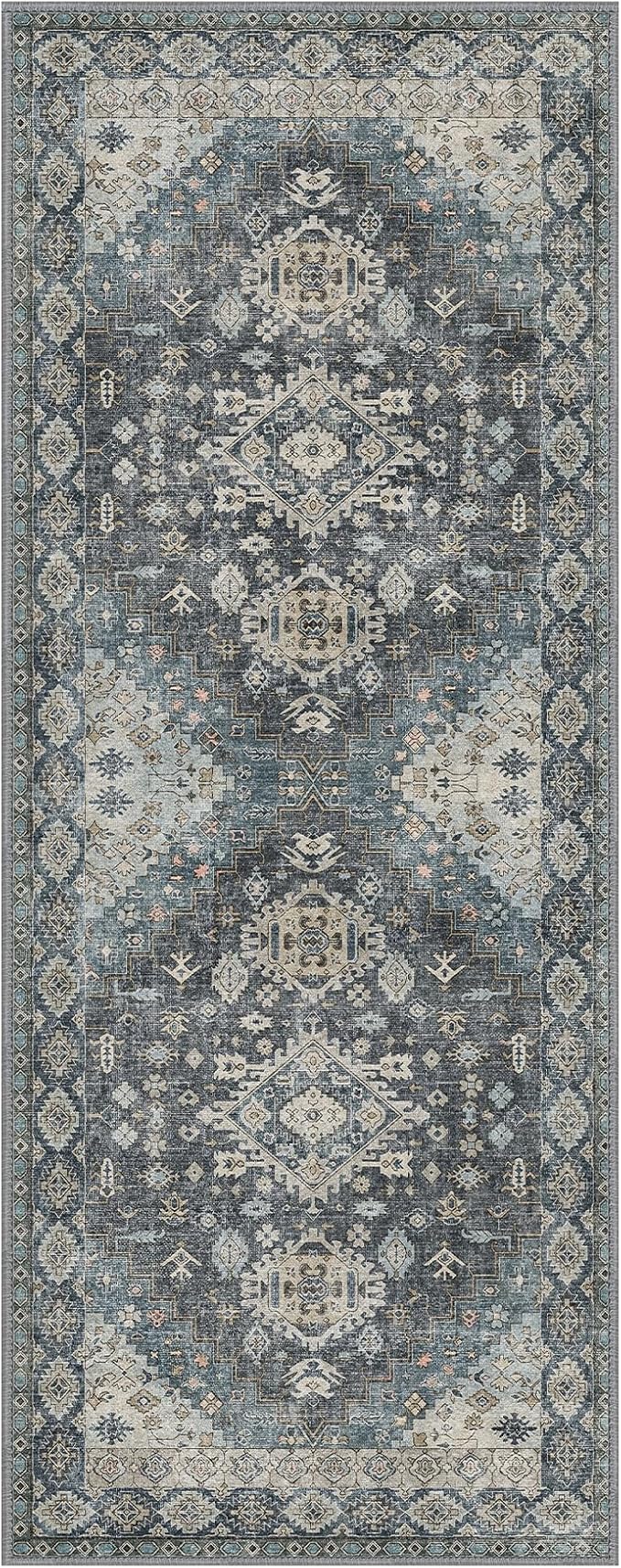 GENIMO 2x5 Washable Runner Rug for Hallway, Vintage Non Slip Low Pile Carpet, Soft Lightweight Printed Rug for Entryway, Kitchen, Corridor & Home Office, Slate Gray Blue