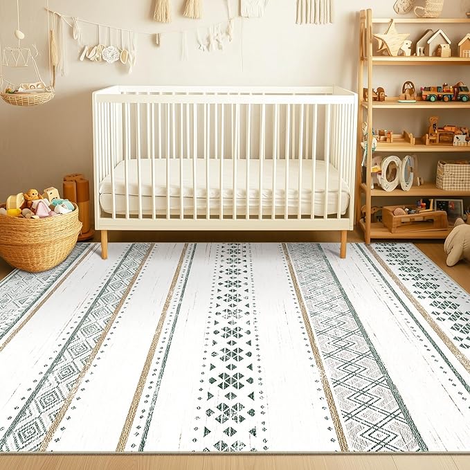 BESTSWEETIE 9x12 Area Rugs for Living Room Washable Moroccan Farmhouse Neutral Geometric Low Pile Non-Slip Soft Print Pattern Rug for Bedroom Kitchen Dining Room Entryway Green/Brown/Brown