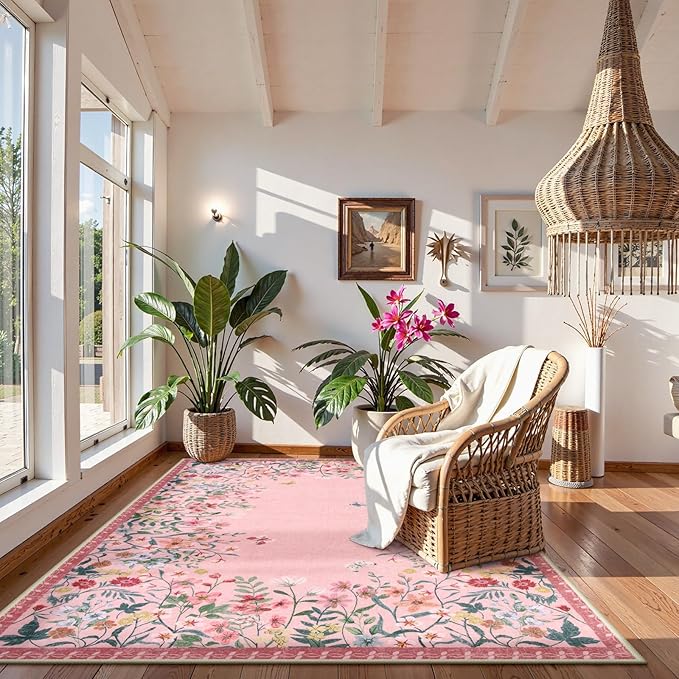 Lahome Boho Floral 5x7 Pink Rugs for Bedroom Girls, Non Slip Washable Nursery Rugs for Living Room, Pastel Indoor Throw Carpet for Dorm Classroom Playroom(Pink,5x7)