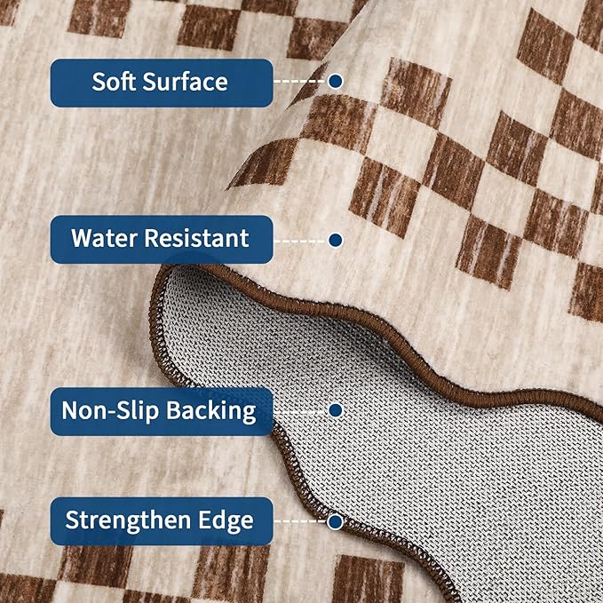 GarveeHome Washable Rug 5x7 for Living Room Large Bedroom Scalloped Rug Non Slip Stain Resistant Modern Border Throw Carpet Soft Boho Rug for Dining Room Nursery Home Office, Beige