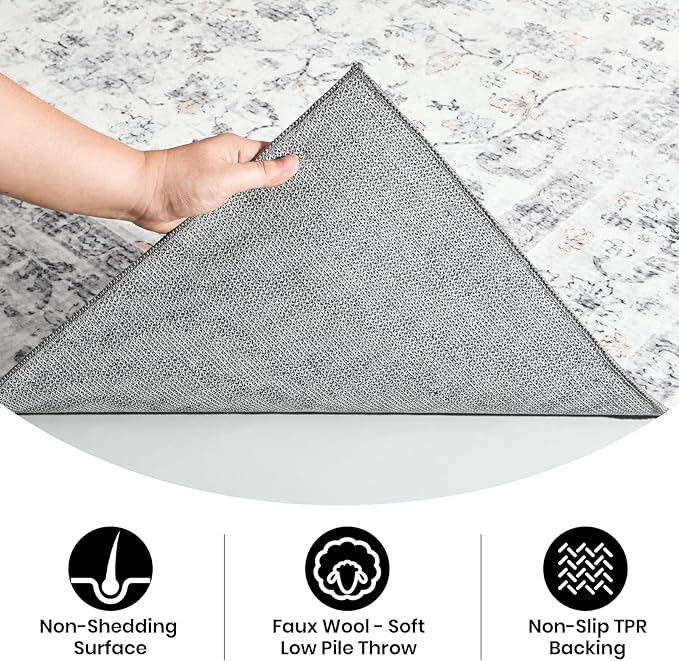 4x6 Washable Rug – Boho Non-Slip Indoor Area Rug for Living Room, Bedroom, Dining Room, Entryway – Ivory and Mist Grey with Subtle Blue Accents