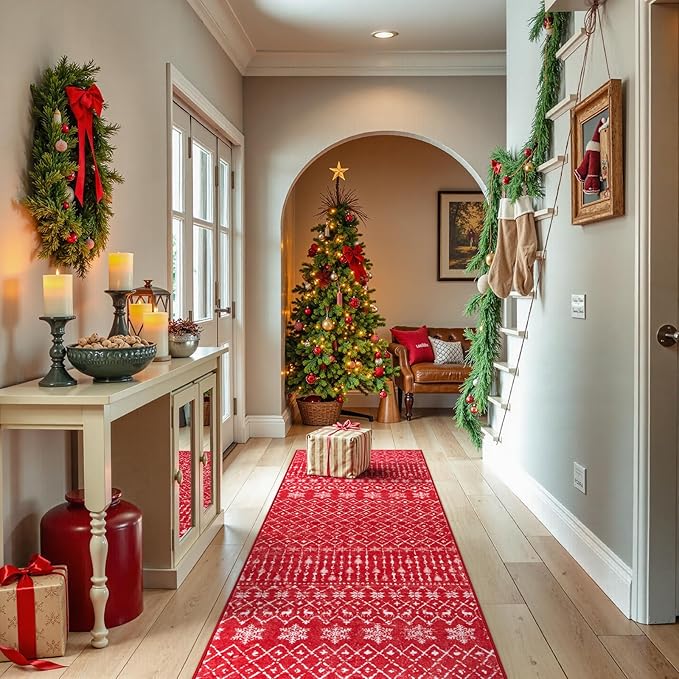Lahome Christmas Runner Rug 2x6 for Hallway Red Non Slip Washable Low Pile Carpet Moroccan Snowflake Throw Rug Runner for Kitchen Entryway Laundry Bathroom Narrow Space Xmas Holiday Decor