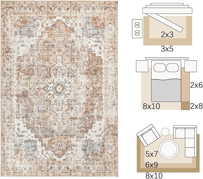 jinchan Kelda Living Room Area Rug 10x12 Washable Rug Vintage Indoor Large Floor Cover Distressed Lightweight Non-Slip Low Pile Thin Mat Stain Resistant Carpet for Bedroom Dining Room Office Brick Red