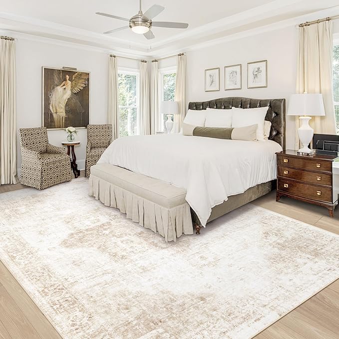 Area Rug 10x12 Washable Rug, Vintage Boho Medallion Rugs Non-Slip Soft Low Pile Large Distressed Rug Indoor Retro Carpet for Living Room Bedroom Dining Room Home Office (Beige, 10'x12')