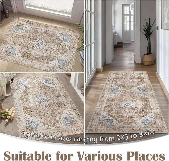 jinchan Kelda Area Rug 4x6 Washable Bedroom Rug Vintage Soft Indoor Floor Cover Retro Distressed Mat Accent Lightweight Non-Slip Thin Carpet for Kitchen Bathroom Living Room Brick Red