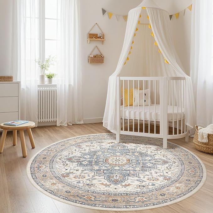 Round Rug Living Room Rugs: 4x4 Washable Boho Neutral Large Circle Soft Indoor Distressed Stain Resistant Floor Farmhouse Carpet for Bedroom Nursery Kids Playroom Office Dining Room Dorm- Beige Blue