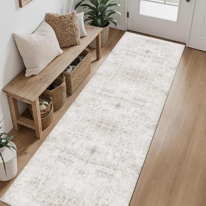 Hallway Runner Rug 2x6 Washable Area Rugs, Vintage Floral Rug Soft Non Slip Stain Resistant Boho Floor Carpet Runners for Hallways Entryway Laundry Room Kitchen Bathroom, and Bedroom Beige