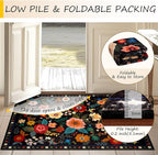 Floral 5x7 Area Rug Machine Washable Soft Print Boho Carpet Non Slip Doormat Low Pile Flower Area Rugs for Living Room Bedroom Nursery Kitchen Dining Room Indoor-Black