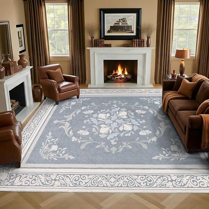 SOULFUL Medium Pile 8x10 Rugs for Living Room - Cozy Soft Underfoot Large Area Rug - Greige Boho Floral - Washable Non-Slip - Perfect for Bedroom Kids Room Under Dining Table Office