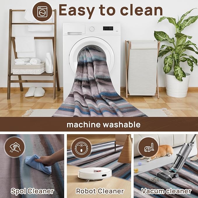 Abstract 5x7 Area Rug, Modern Stripe Pattern Teal Rugs for Living Room, Washable Soft Large Non-Slip Floor Carpet for Dining Room Office Bedroom - Blue/Brown/Multi
