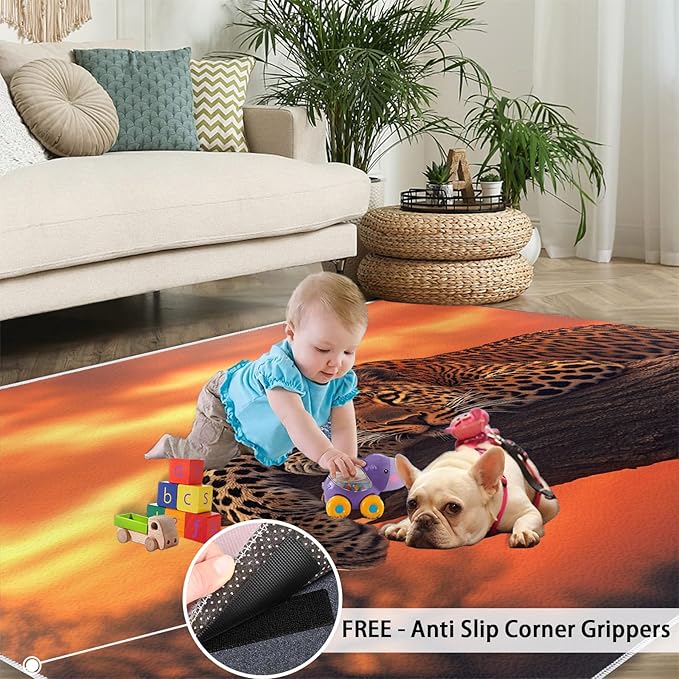 4x6 Sunrise Leopard Cafe Rug - Sunset African Savanna Rugs for Bedroom Aesthetic, Wild Animal Soft Comfortable Non-Slip for Offie Bedroom Study Boy Girl Room Hotel Dorm