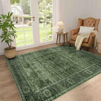 4x6 Washable Area Rug for Living Room Bedroom Dining Room Non-Slip Low Pile Boho Vintage Distressed Entryway Rug Traditional Floral Retro Accent Throw Carpet for Dining Room Bathroom Kitchen Green