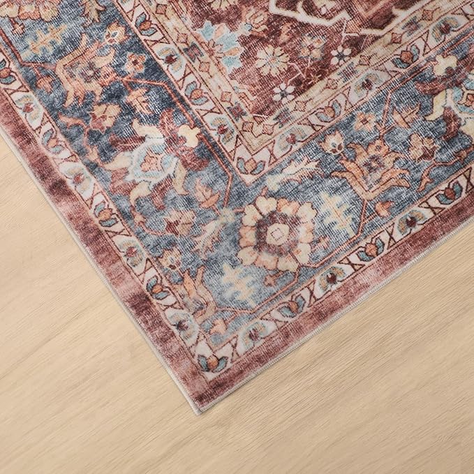 Dripex Vintage 5x7 Area Rugs - Large Washable Area Rug for Living Room Bedroom Oriental Medallion Floral Print Floor Carpet Low-Pile Indoor Soft Non-Slip Accent Rug Farmhouse Home Office Decor