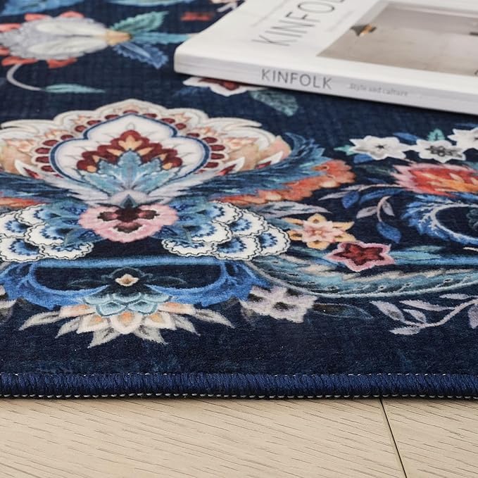Rugcomf Vintage Paisley Rugs for Living Room 5'x7' - Machine Washable Area Rug, Non-Slip Low Pile Floral Carpet for Bedroom, Dining Room, Farmhouse, Office, Kids Playroom - Blue