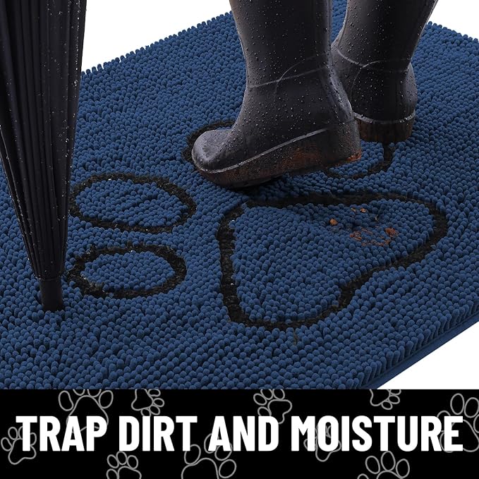 Smiry Dog Door Mat for Muddy Paws, Absorbent Dirt Trapper Non Slip Quick Dry Washable Chenille Mat for Mud Dogs, Entry Rug for Indoor and Outdoor (30x20 Inches, Dark Blue and Black)