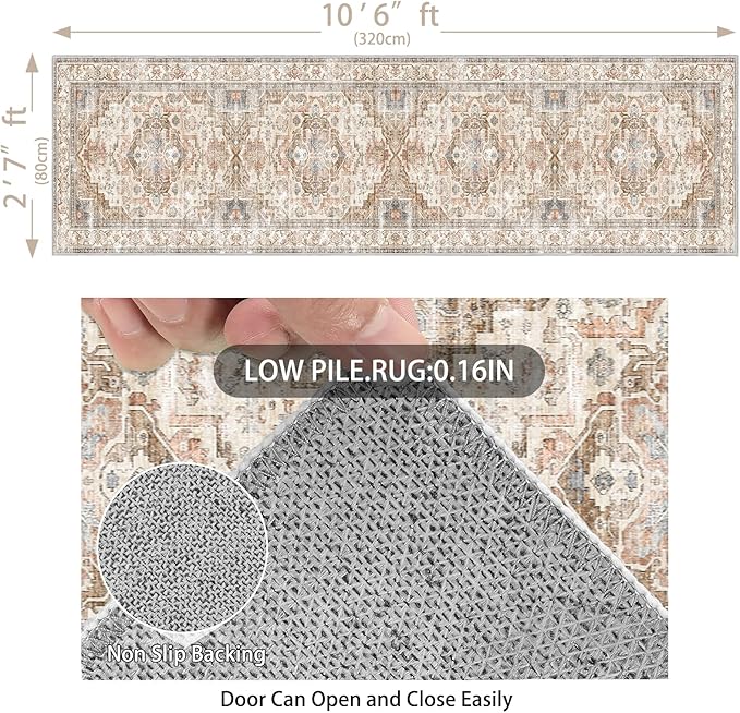 Enkor Runner Rugs for Hallway, 2.6x10.5 Washable Soft Non Slip Floor Rugs for Kitchen, Modern Mat for Living Room Bedroom Entryway Beige & Brown