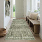 FMFUNCTEX 2x6 Runner Rug Green Vintage Neutral Washable Distressed Non Slip Low Pile Indoor Carpet Soft Retro Hallway Entryway Rug for Kitchen Living Room Bedroom Bathroom Laundry Entrance Bedside