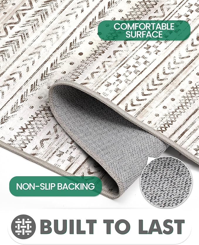 LUMI Ultra Thin Door Mat, 18x30 Non Slip Indoor Doormat Entrance Washable Rugs Entryway Oriental Vintage Soft Carpet for Kitchen Bedroom Front Door, White and Brown