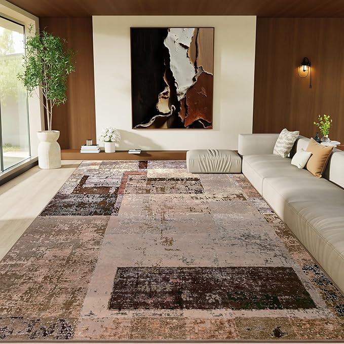 LOCHAS Rug for Living Room 6x9, Washable Soft Area Rugs for Bedroom, Abstract Carpet for Office Kids Dining Room Nursery Floor, Brown Pink Geometric Vintage Home Decor, Non Slip, Pet Child Friendly