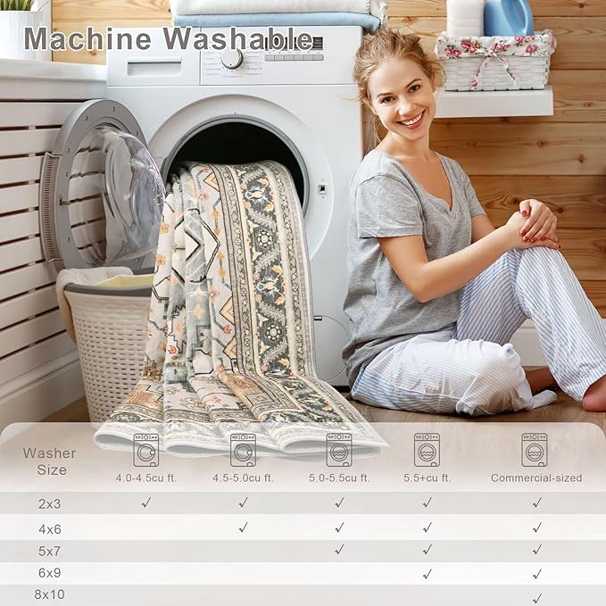 5x7 Grey Beige Area Rug for Living Room, Machine Washable Rugs with Non-Slip Backing for Bedroom, Vintage Medallion Carpet Dining Room Office Kids Room Decor
