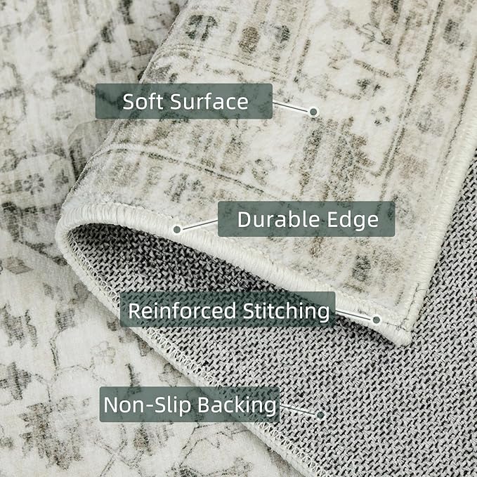 Deerly Washable Area Rugs 5x7 Cream Rug for Living Room Bedroom Dining Room, Low-Pile Kid & Pet Friendly Distressed Carpet Print Floor Rug Non Slip Rug(Border Cream)