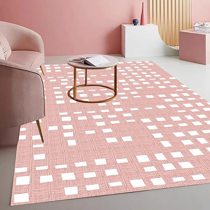 Boho Chic White and Pink Geometric Texture Rug for Living Room Dining Room Bedroom Nursery Room Large Non Slip Washable Indoor Carpet Soft Low Pile Kitchen Entryway Runner Mat 6x9