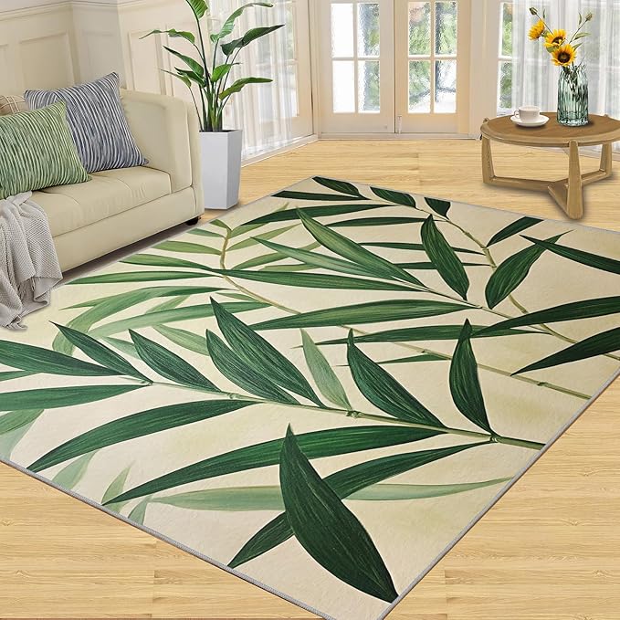 5x7 Bamboo Leaves Rugs for Bedroom - Realistic Botanical Art Print Rug, Minimalist Leaves Rug Non Slip Soft Rugs for Living Room Hardwood Floors Teen Room