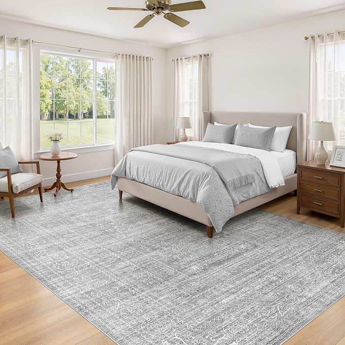 10x12 Area Rug Living Room: Washable Large Vintage Grey Rug Neutral Non-Slip Soft Stain Resistant Indoor Carpet for Bedroom Nursery Dining Room Under Table Bed Home House Office Playroom